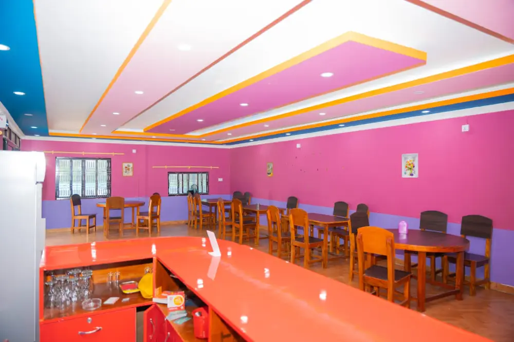 The bright, colourful restaurant dining hall